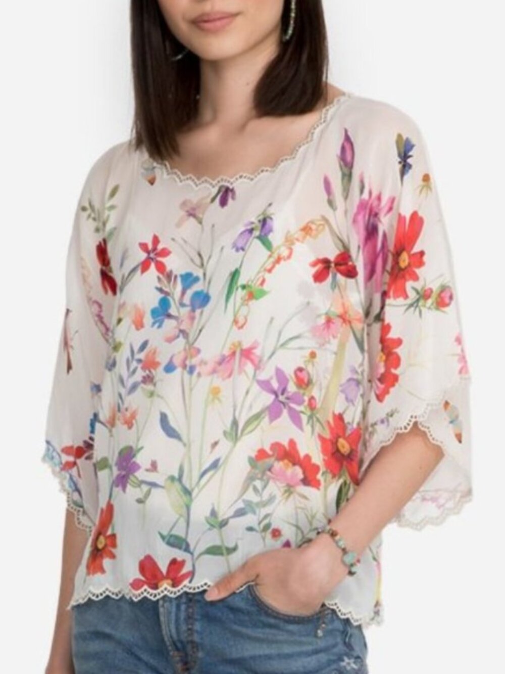 Johnny Was Yasmin Crop Top sheer floral nature bird butterfly blouse top XL